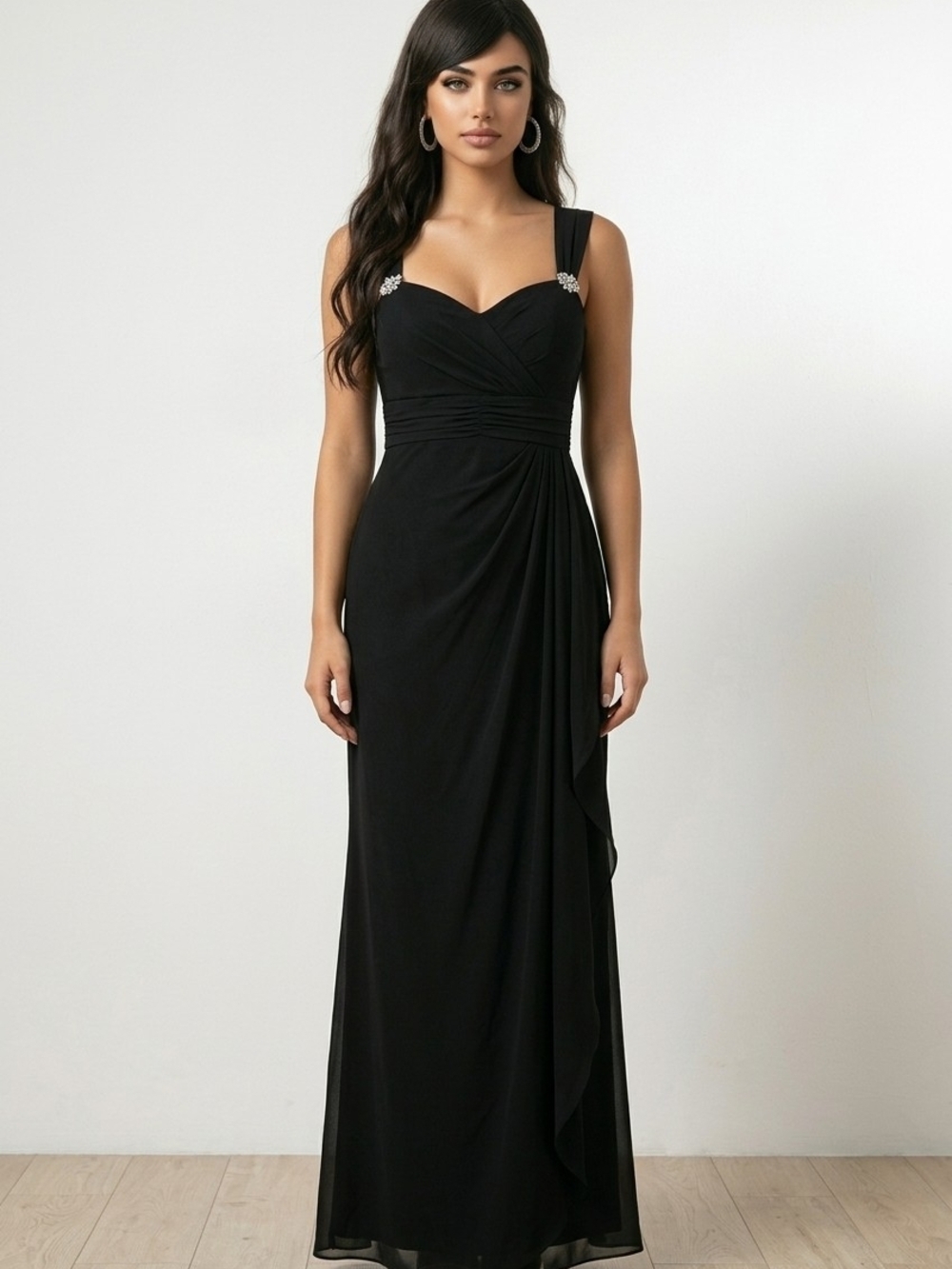 NWT Betsy & Adam Black Ruched Sweetheart Maxi Dress with Jewel Straps sz 10